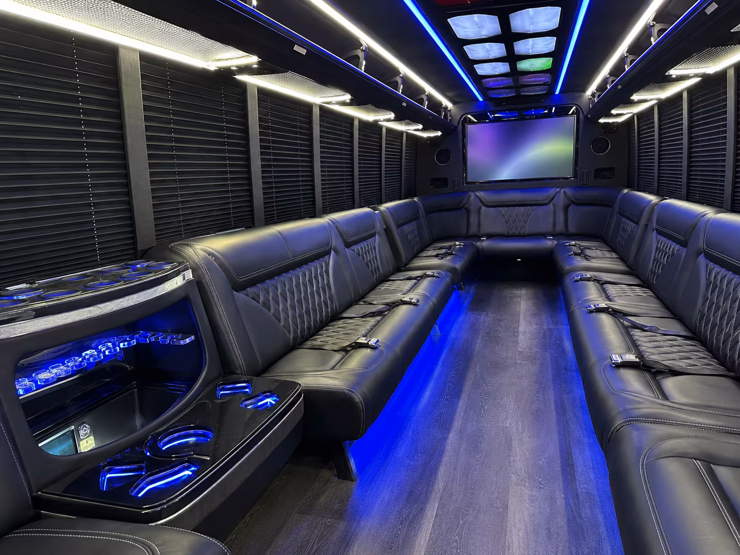 conroe 20 passenger party bus inside