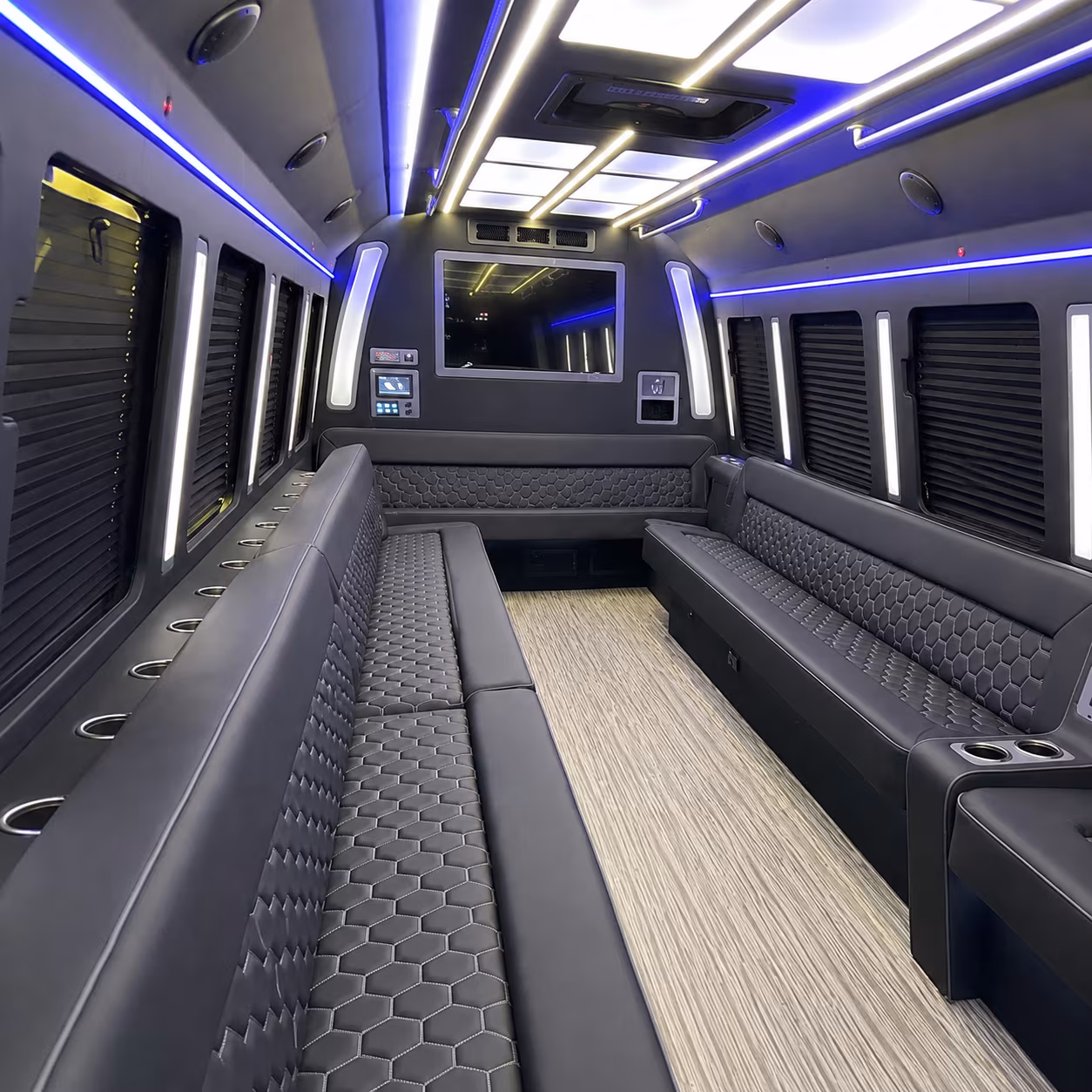 conroe 40 passenger party bus inside